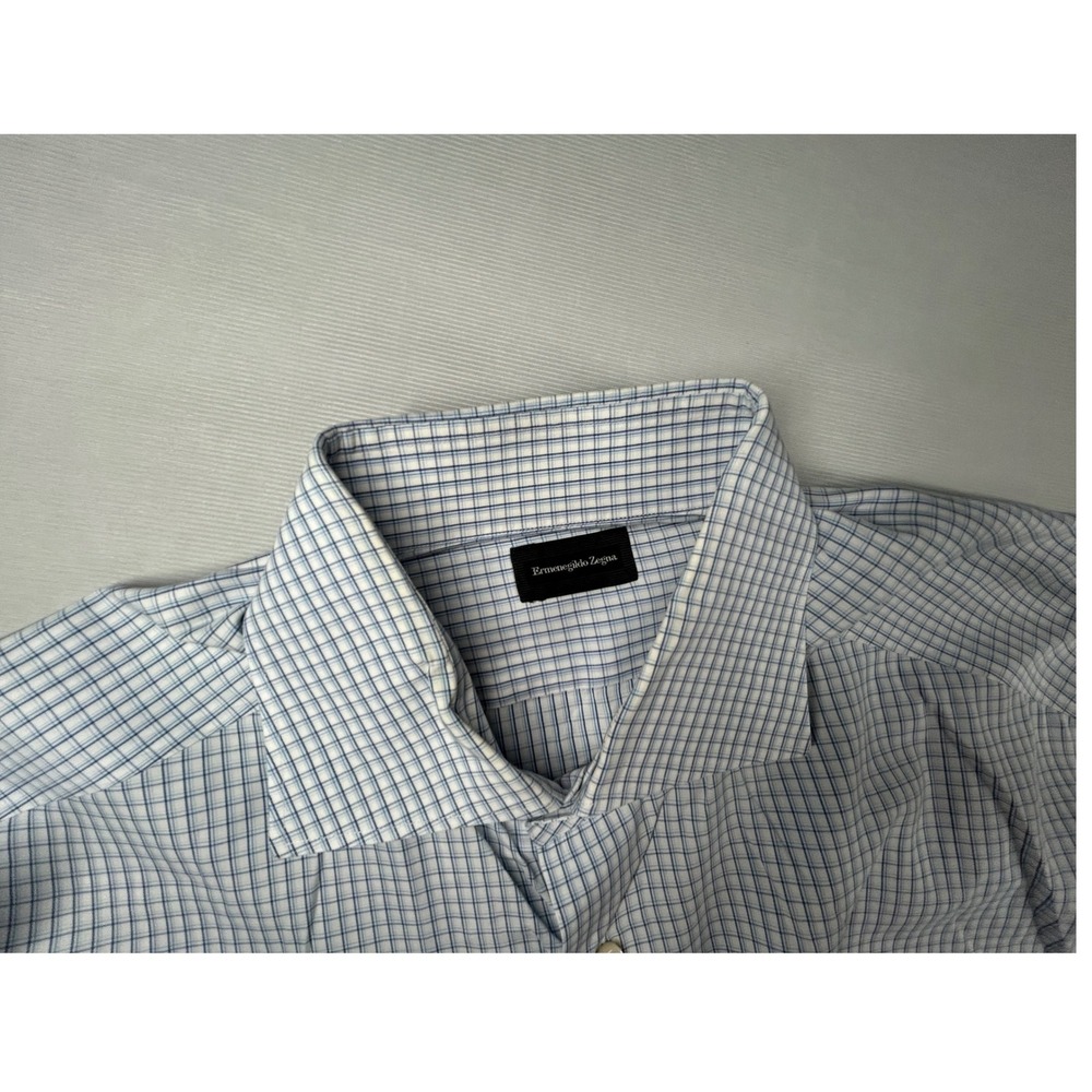 Ermenegildo Zegna Mens Blue White Micro Check Dress Shirt 16.5 42